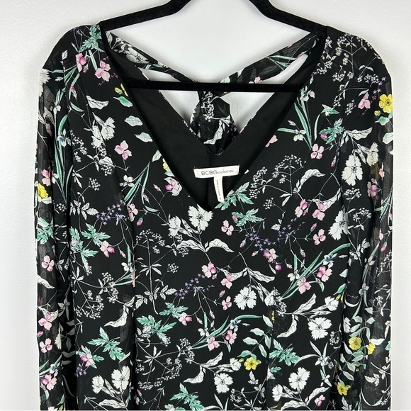 BCBGeneration Floral Chiffon Mini Dress Size XS Black Sheer Sleeve Boho - Picture 5 of 16